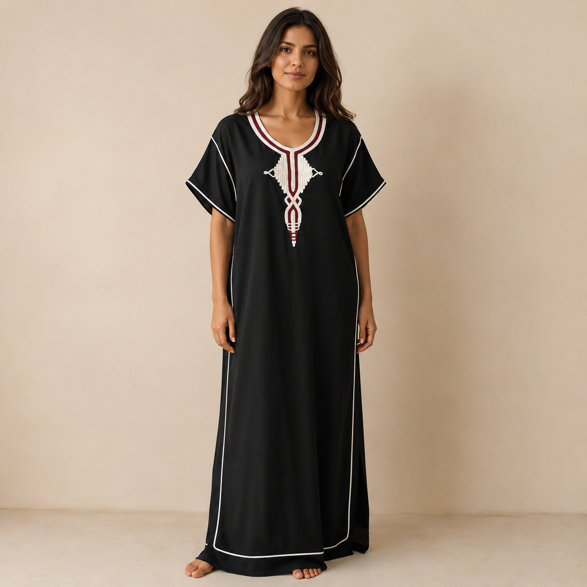 Embroidered Cotton Jalabiya - Black