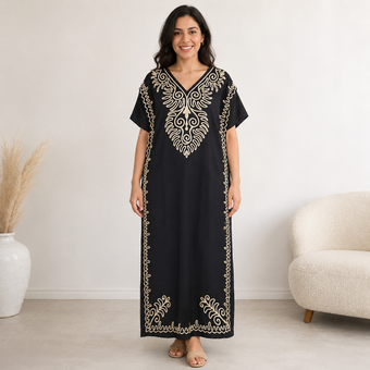Embroidered Jalabiya with Rope Detailing - Black