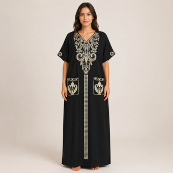 Ornate Embroidered Jalabiya with Front Pockets - Black