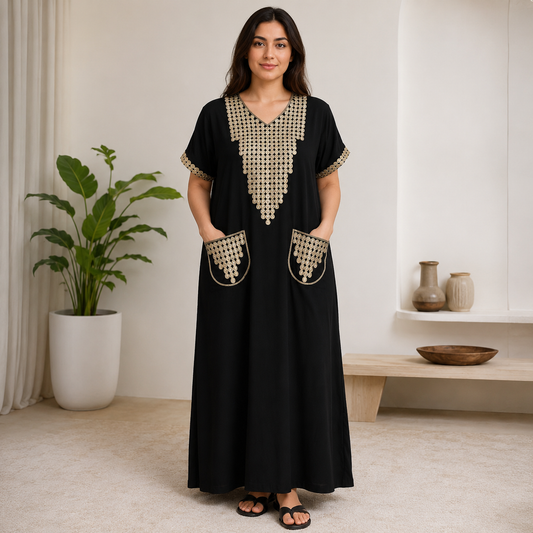 Embroidered Jalabiya with Decorative Pockets - Black