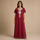 Embroidered Cotton Jalabiya - Red