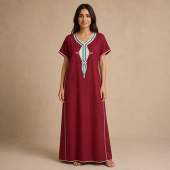 Embroidered Cotton Jalabiya - Red