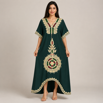Heritage Medallion Embroidered Jalabiya - Dark Green
