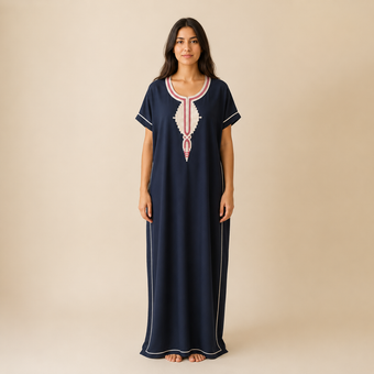 Embroidered Cotton Jalabiya - Dark Navy