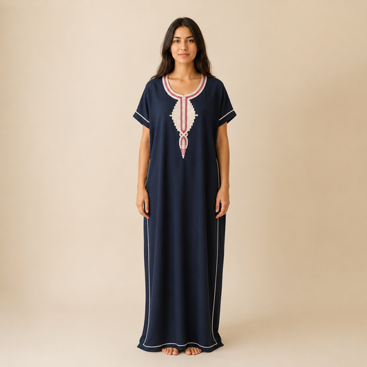 Embroidered Cotton Jalabiya - Dark Navy