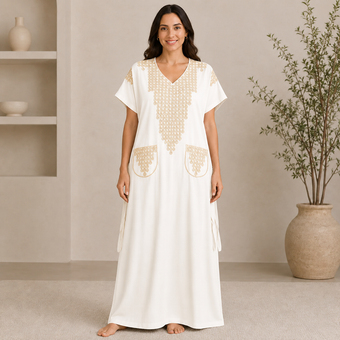 Embroidered Jalabiya with Decorative Pockets - White