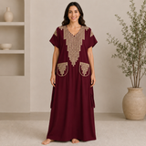 Embroidered Jalabiya with Decorative Pockets - Maroon