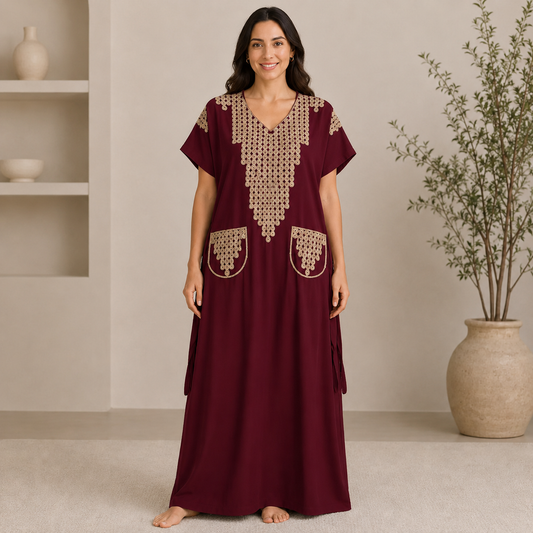 Embroidered Jalabiya with Decorative Pockets - Maroon