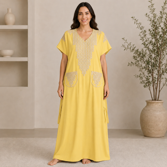 Embroidered Jalabiya with Decorative Pockets - Yellow