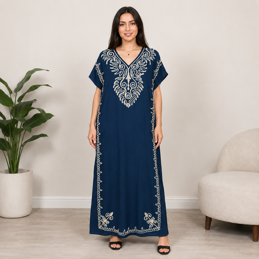 Embroidered Jalabiya with Rope Detailing - Dark Blue