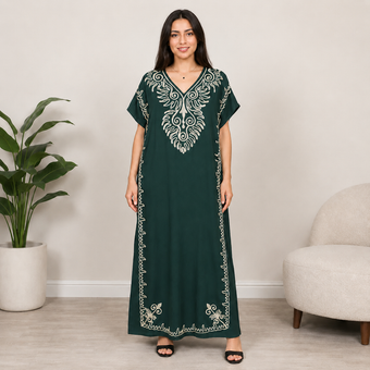 Embroidered Jalabiya with Rope Detailing - Dark Green
