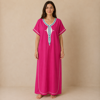 Embroidered Cotton Jalabiya - Pink