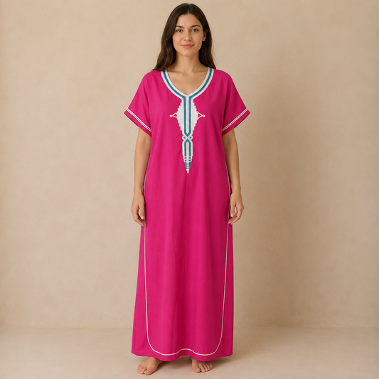 Embroidered Cotton Jalabiya - Pink