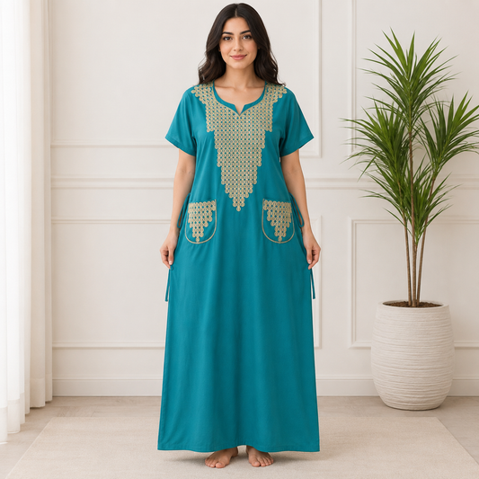 Embroidered Jalabiya with Decorative Pockets - Emerald Green