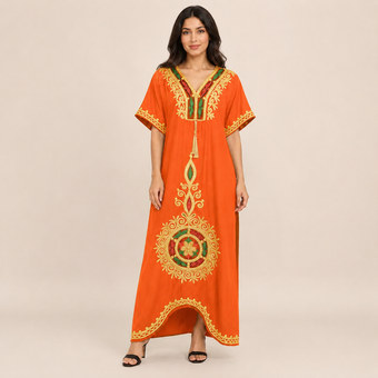 Heritage Medallion Embroidered Jalabiya  - Orange