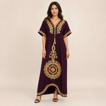 Heritage Medallion Embroidered Jalabiya  - Purple