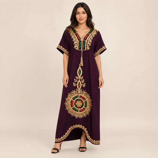 Heritage Medallion Embroidered Jalabiya  - Purple