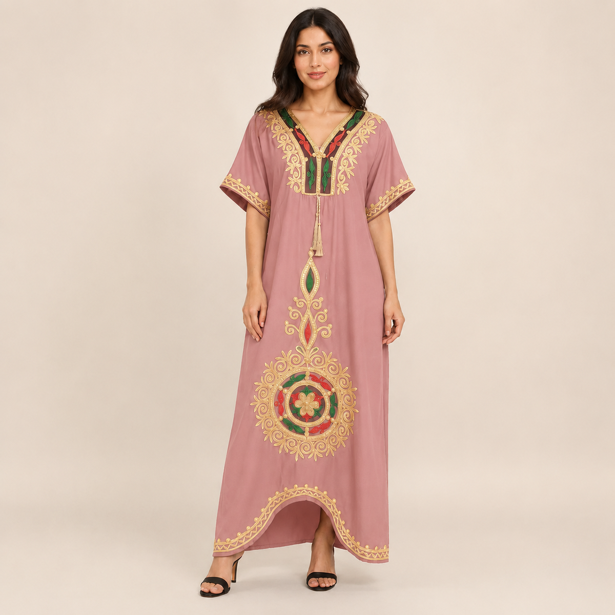 Heritage Medallion Embroidered Jalabiya  - Soft Pink