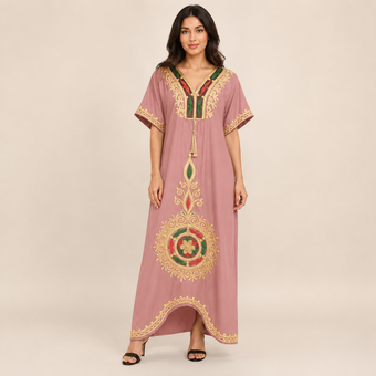 Heritage Medallion Embroidered Jalabiya  - Soft Pink