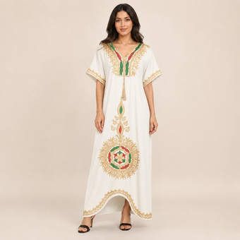 Heritage Medallion Embroidered Jalabiya  - White