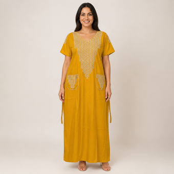 Embroidered Jalabiya with Decorative Pockets - Mustard