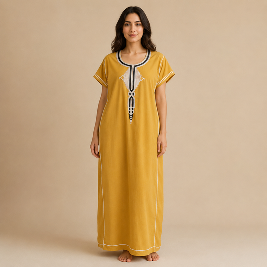 Embroidered Cotton Jalabiya - Mustard