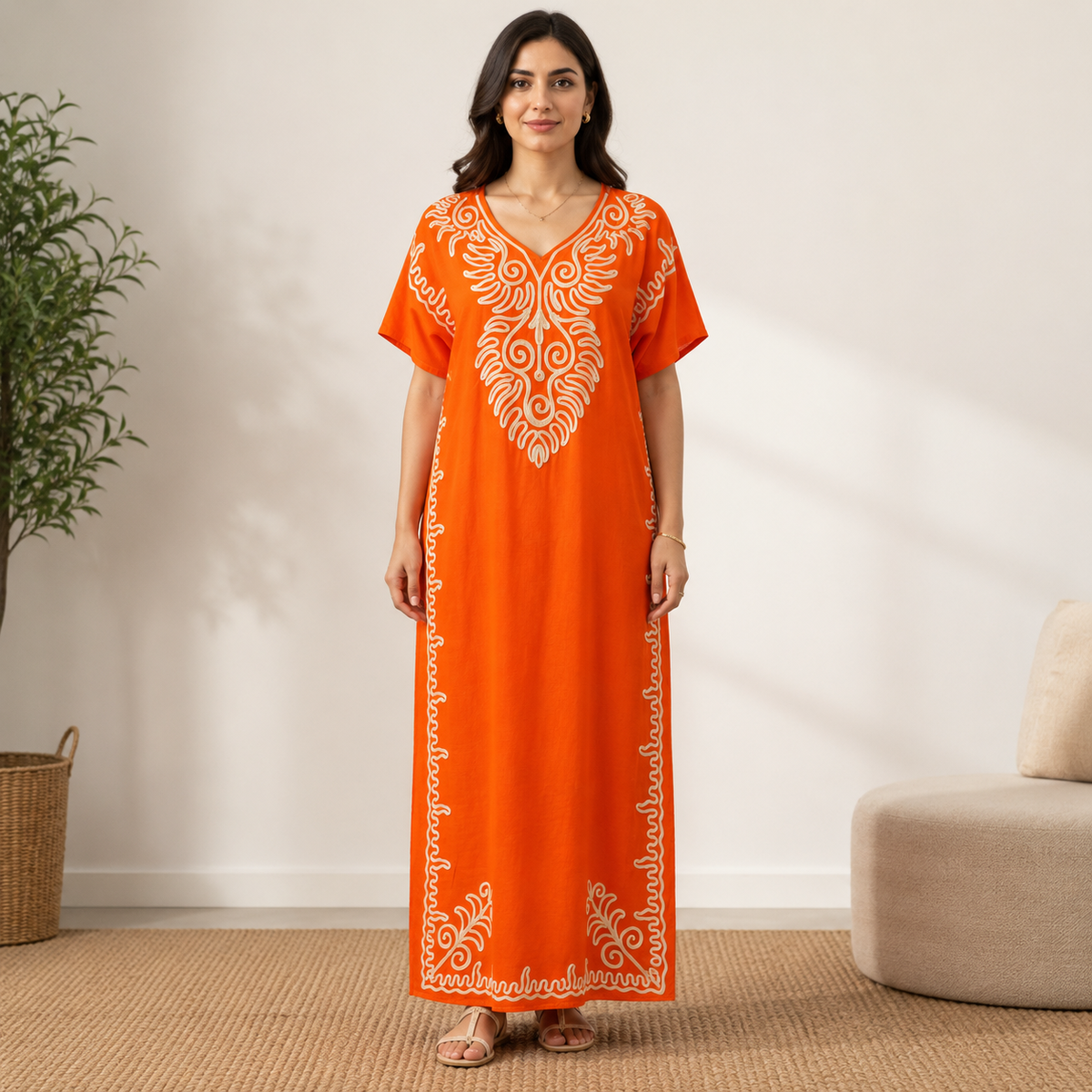 Embroidered Jalabiya with Rope Detailing - Orange