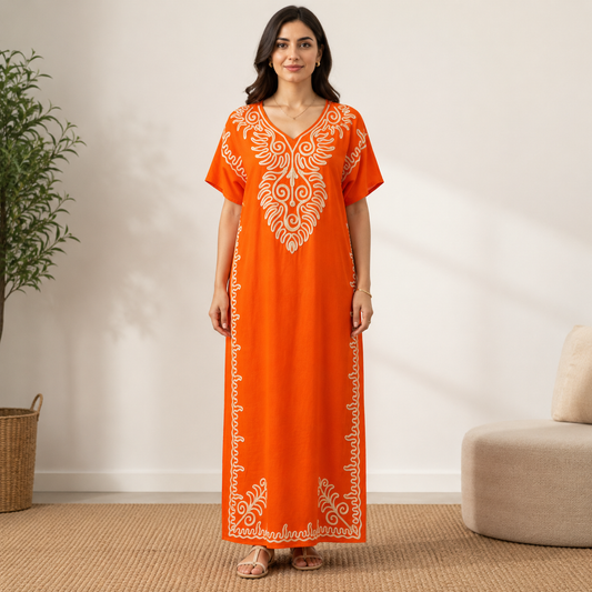 Embroidered Jalabiya with Rope Detailing - Orange