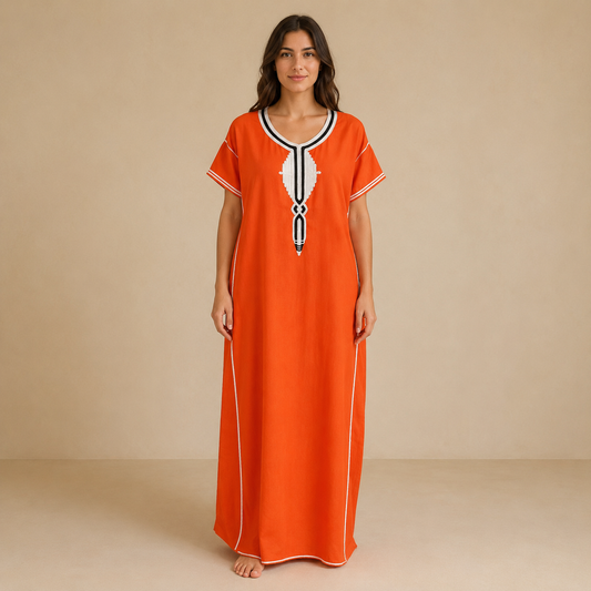 Embroidered Cotton Jalabiya - Orange