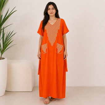 Embroidered Jalabiya with Decorative Pockets - Orange