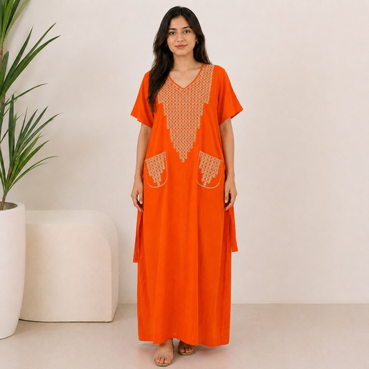 Embroidered Jalabiya with Decorative Pockets - Orange