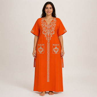 Ornate Embroidered Jalabiya with Front Pockets - Orange