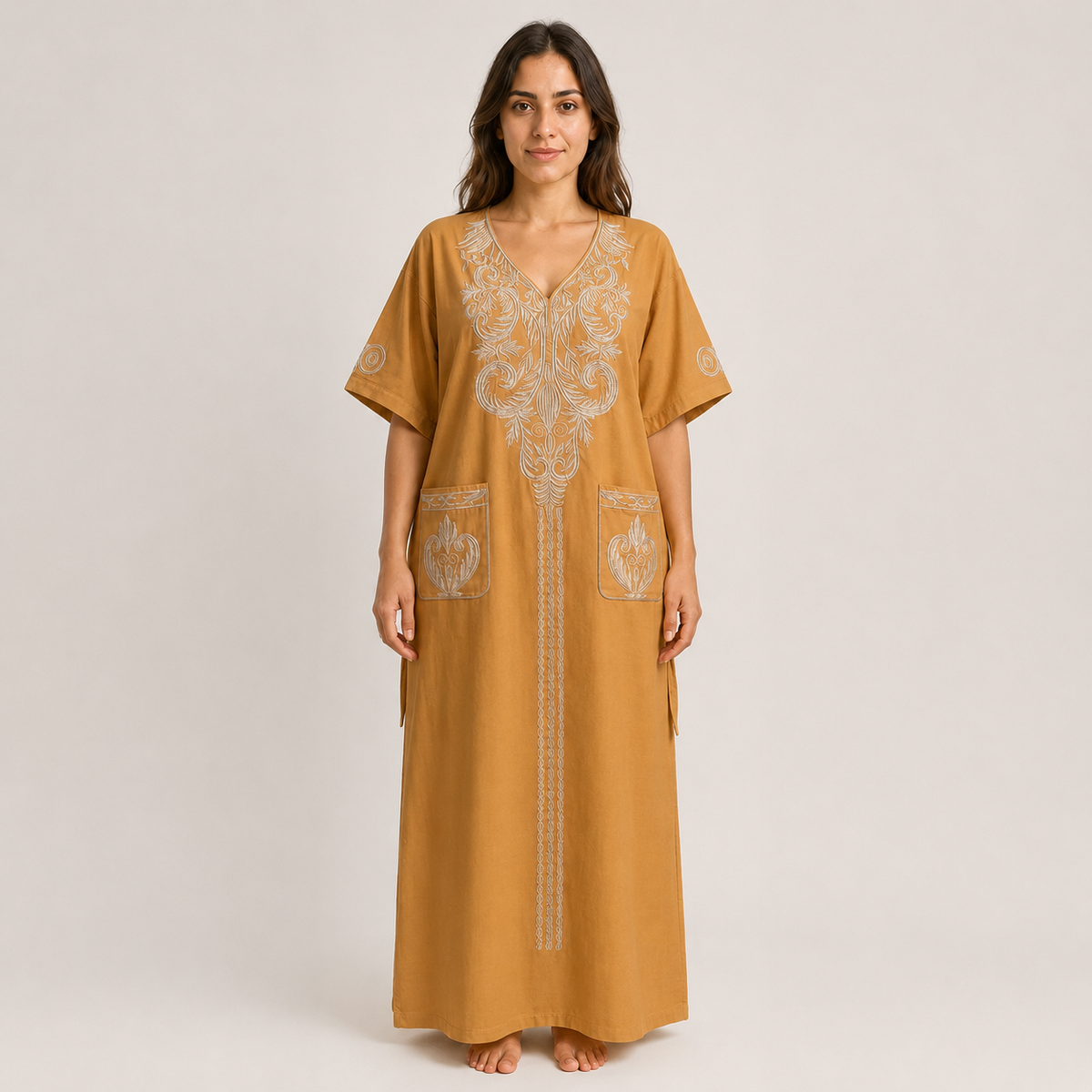 Ornate Embroidered Jalabiya with Front Pockets - Mustard