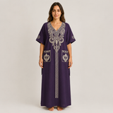 Ornate Embroidered Jalabiya with Front Pockets - Purple