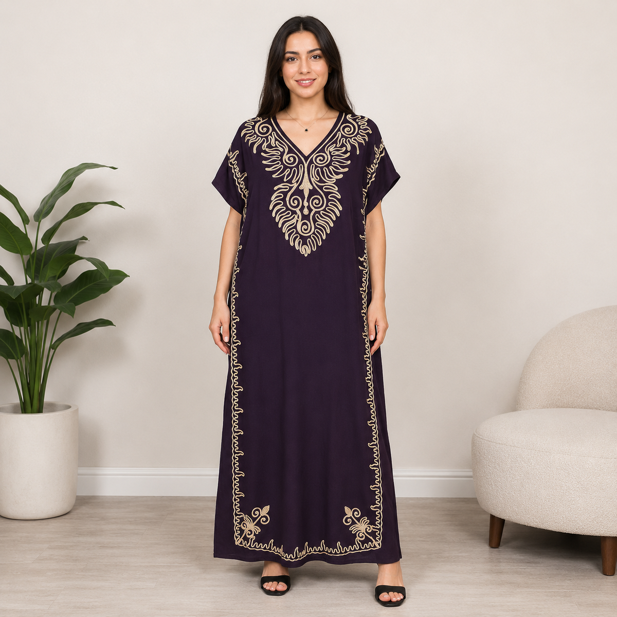 Embroidered Jalabiya with Rope Detailing - Purple