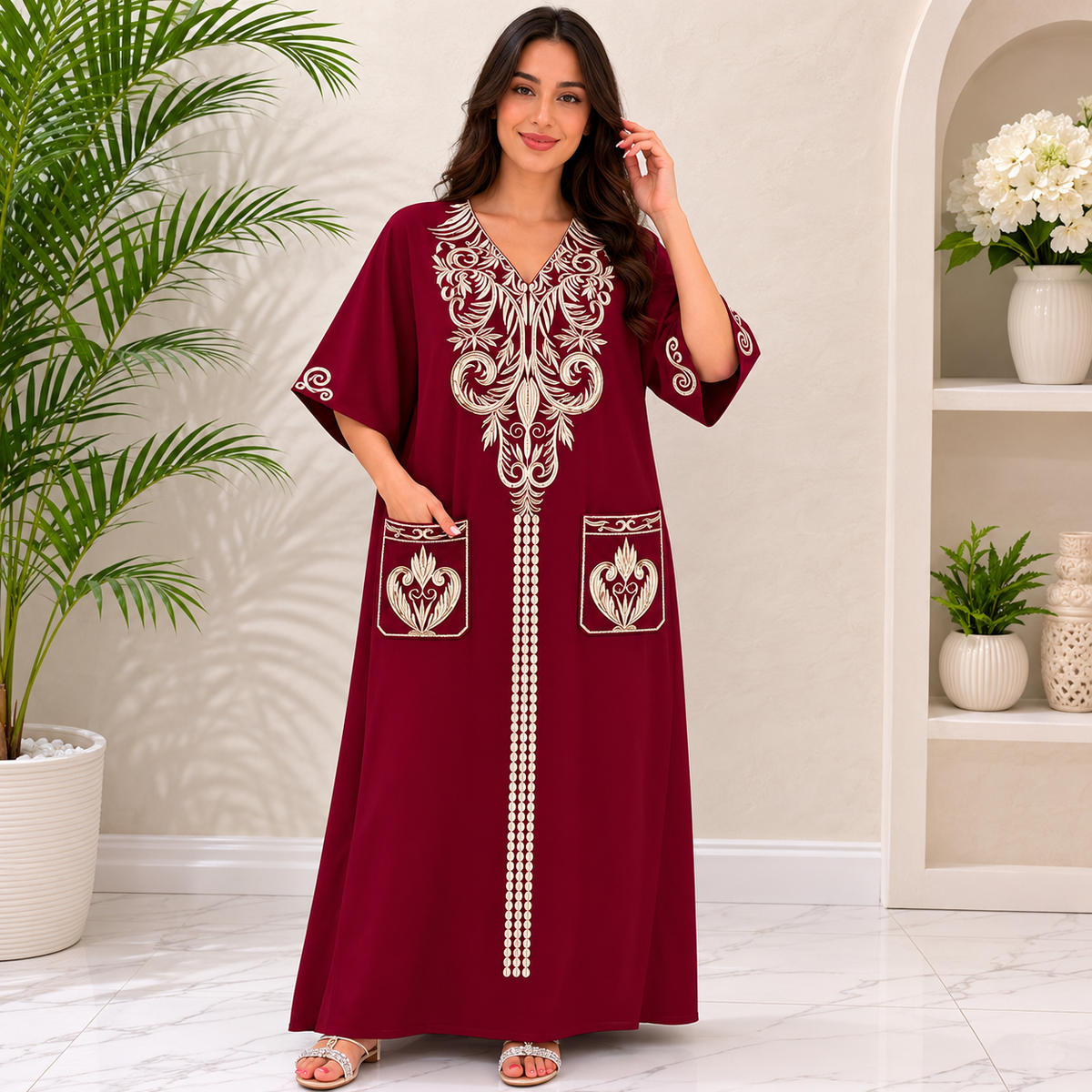 Ornate Embroidered Jalabiya with Front Pockets - Red