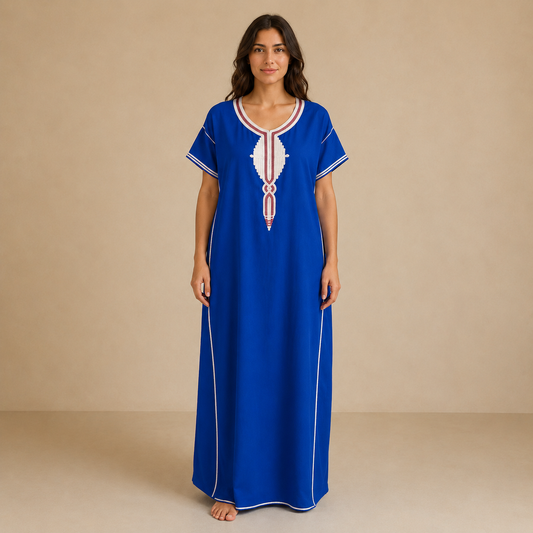 Embroidered Cotton Jalabiya - Royal Blue