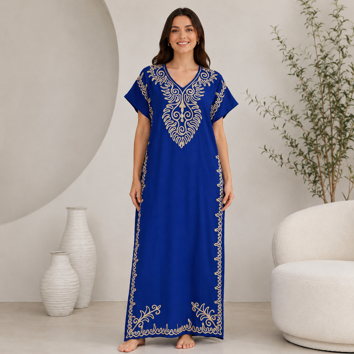 Embroidered Jalabiya with Rope Detailing - Royal Blue