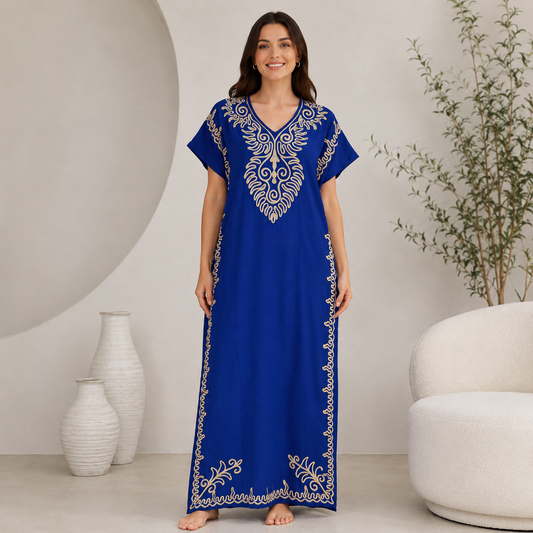 Embroidered Jalabiya with Rope Detailing - Royal Blue