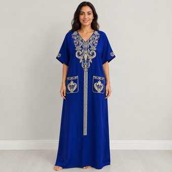 Ornate Embroidered Jalabiya with Front Pockets - Royal Blue