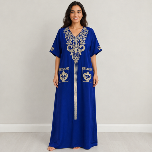 Ornate Embroidered Jalabiya with Front Pockets - Royal Blue