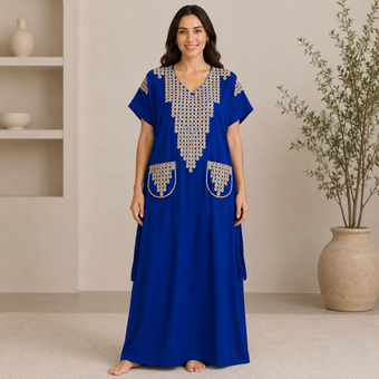 Embroidered Jalabiya with Decorative Pockets - Royal Blue