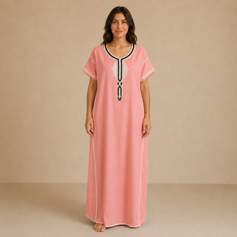 Embroidered Cotton Jalabiya - Salmon Pink