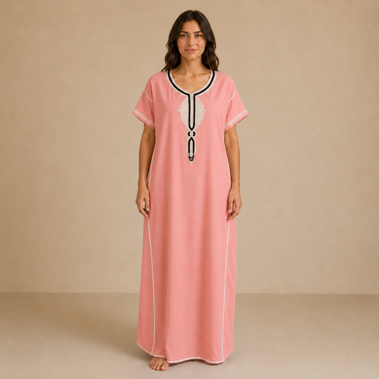 Embroidered Cotton Jalabiya - Salmon Pink