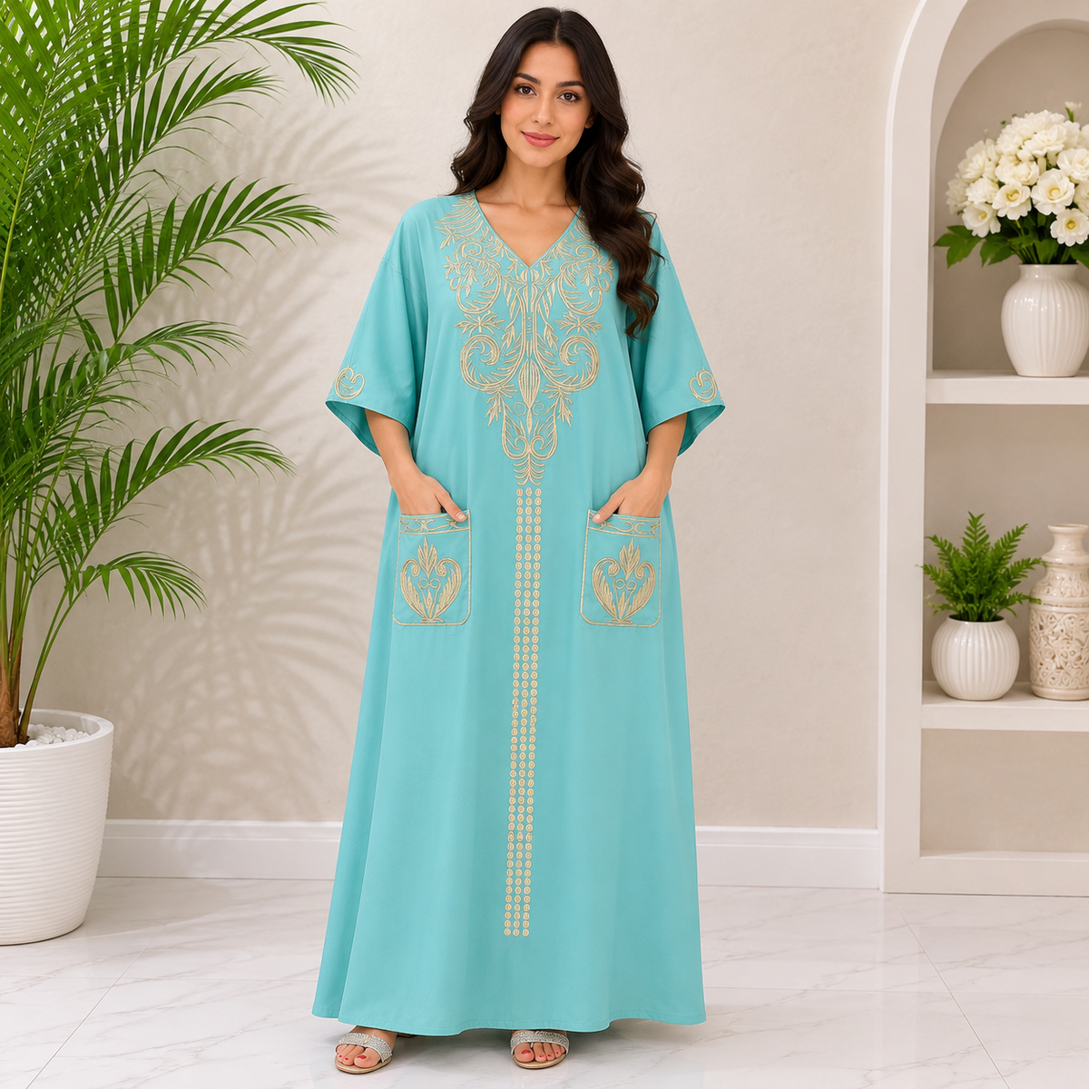 Ornate Embroidered Jalabiya with Front Pockets - Sky Blue