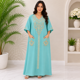 Ornate Embroidered Jalabiya with Front Pockets - Sky Blue