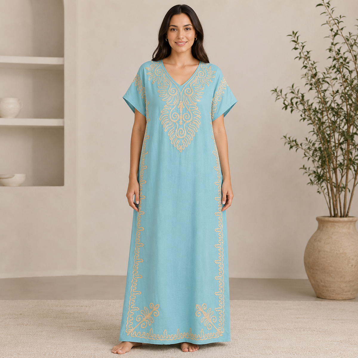 Embroidered Jalabiya with Rope Detailing - Sky Blue