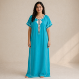 Embroidered Cotton Jalabiya - Turquoise Blue