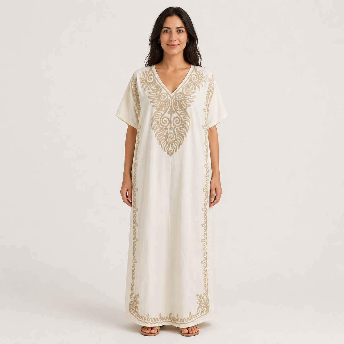 Embroidered Jalabiya with Rope Detailing - White