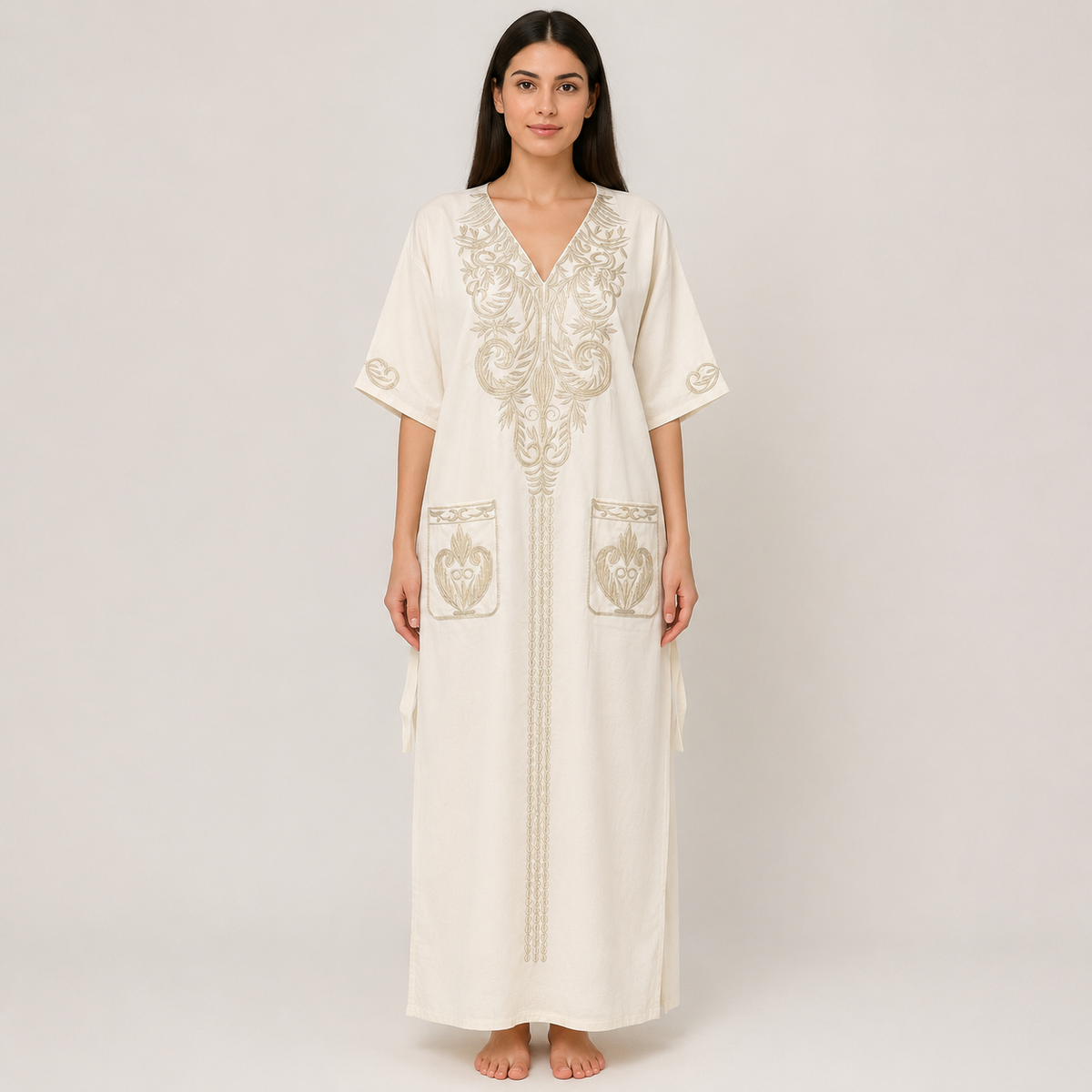 Ornate Embroidered Jalabiya with Front Pockets - White